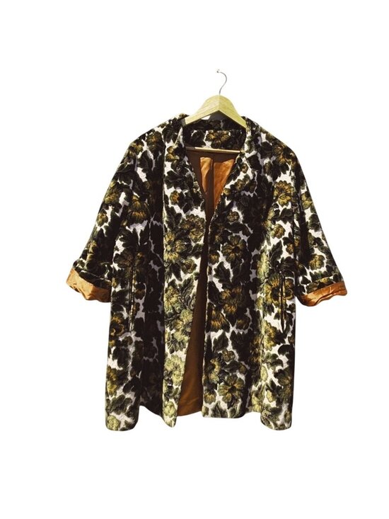 Jackets & Blazers - 60s Cut Velvet Swing Car Coat Floral Plus Size Satin Lined XL/1X Volup Vintage